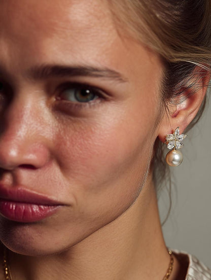 Pearl Blossom Earrings – Handmade Silver-Tone Brass Floral Pearl Drop Earrings – Gift for Her