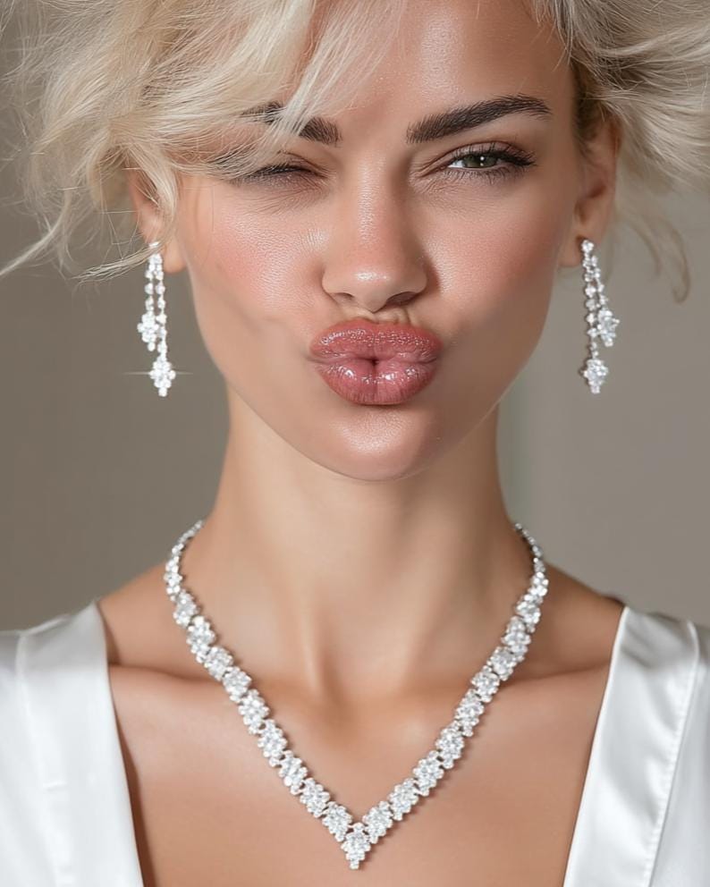 Royal Glow Brass Jewelry Set – Handmade Silver-Tone Necklace & Earrings – Regal Gift for Her