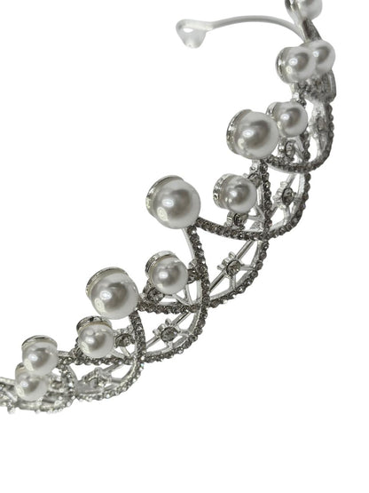 Eternal Grace Pearl Bridal Tiara – Silver Faux Pearl Wedding Crown – Elegant Halo Headpiece