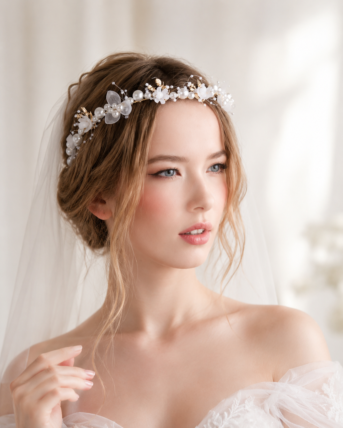 Pearl Crystal Bridal Hair Vine with Ribbon — view 5
