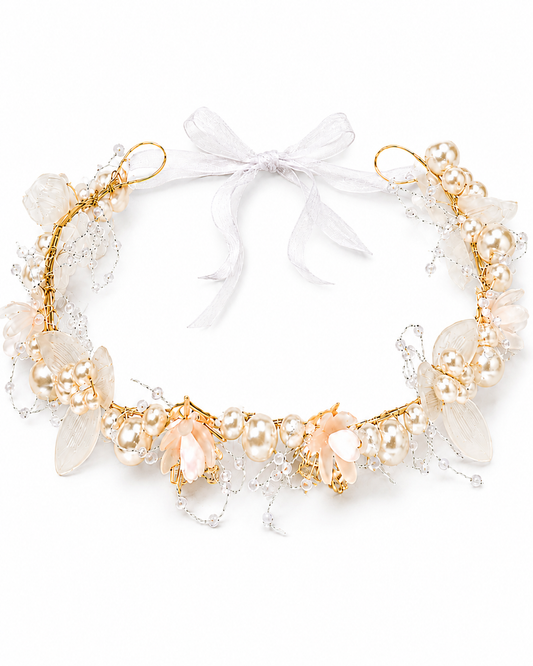 Pearl Crystal Bridal Hair Vine with Ribbon