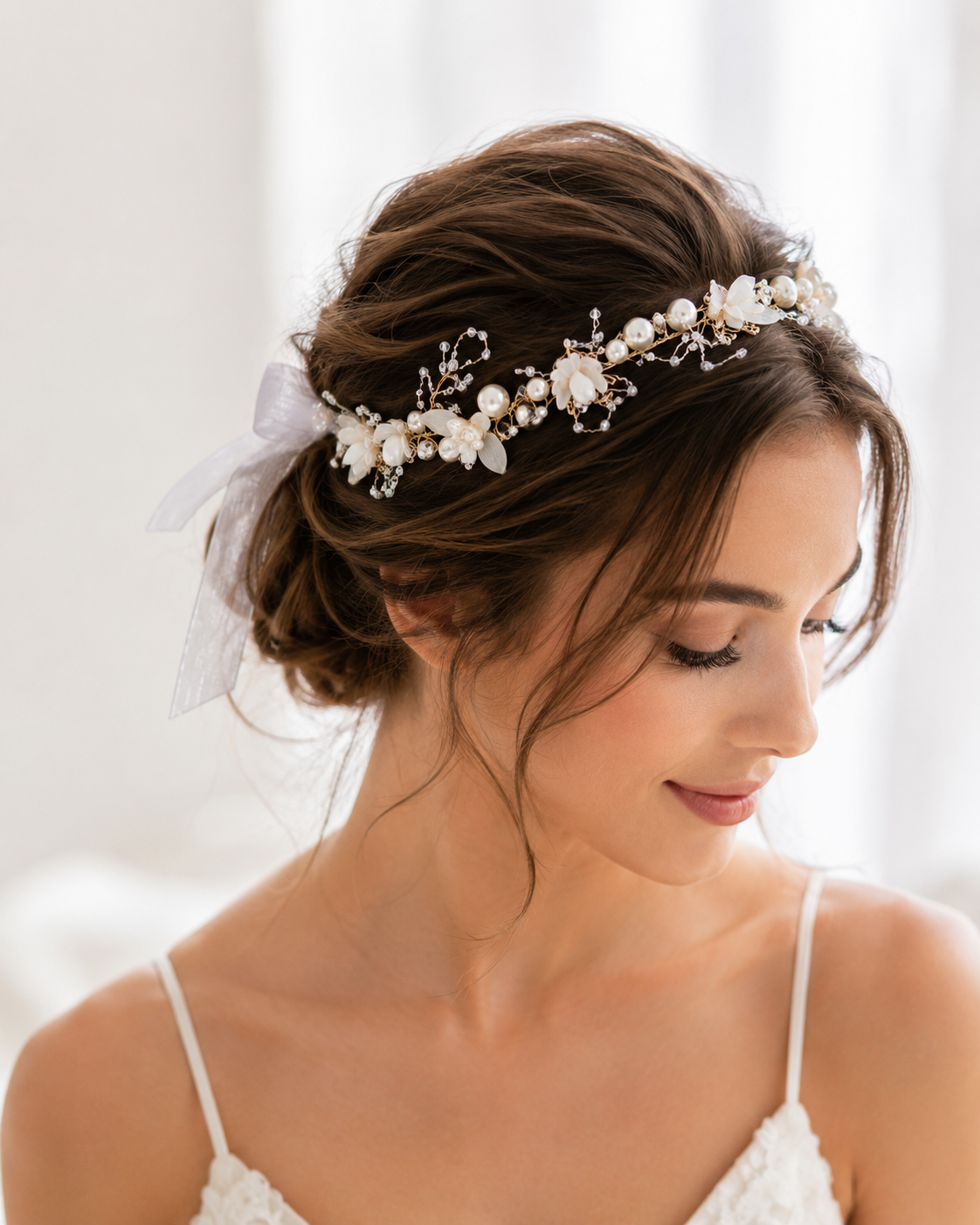 Pearl Crystal Bridal Hair Vine with Ribbon — view 2