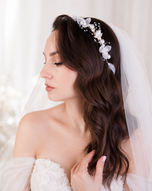 Pearl Crystal Bridal Hair Vine with Ribbon — view 4