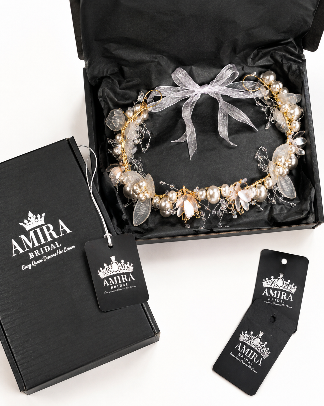 Pearl Crystal Bridal Hair Vine with Ribbon — view 6